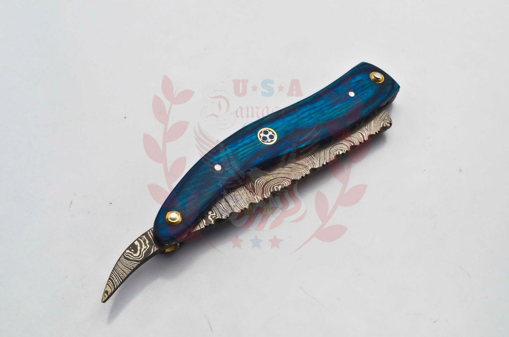 Personalized Damascus Folding Pocket Custom Blade Straight Razor very sharp with leather sheath