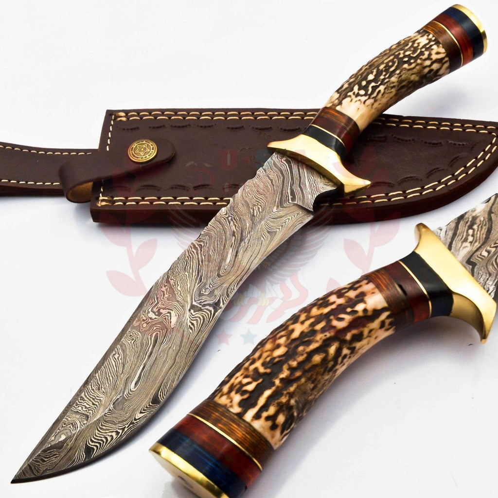 Personalized 10 inch Damascus Steel Hunting knife Handle Deer Antler W leather Cover