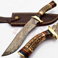 Personalized 10 inch Damascus Steel Hunting knife Handle Deer Antler W leather Cover