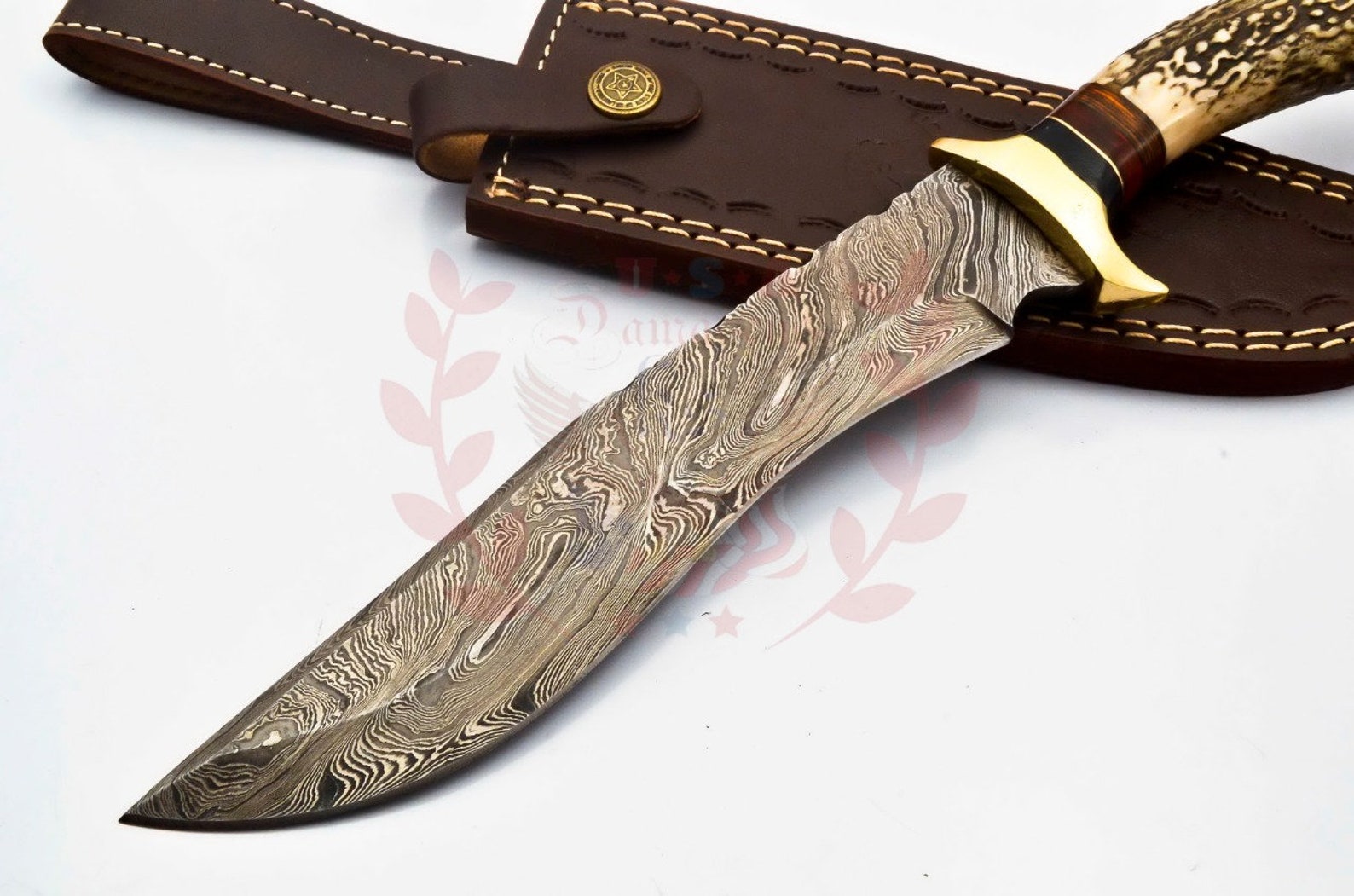 Personalized 10 inch Damascus Steel Hunting knife Handle Deer Antler W leather Cover