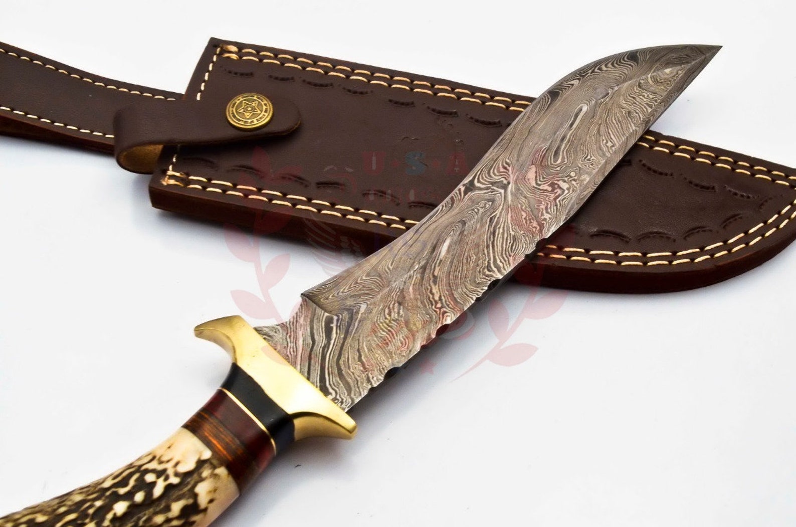 Personalized 10 inch Damascus Steel Hunting knife Handle Deer Antler W leather Cover