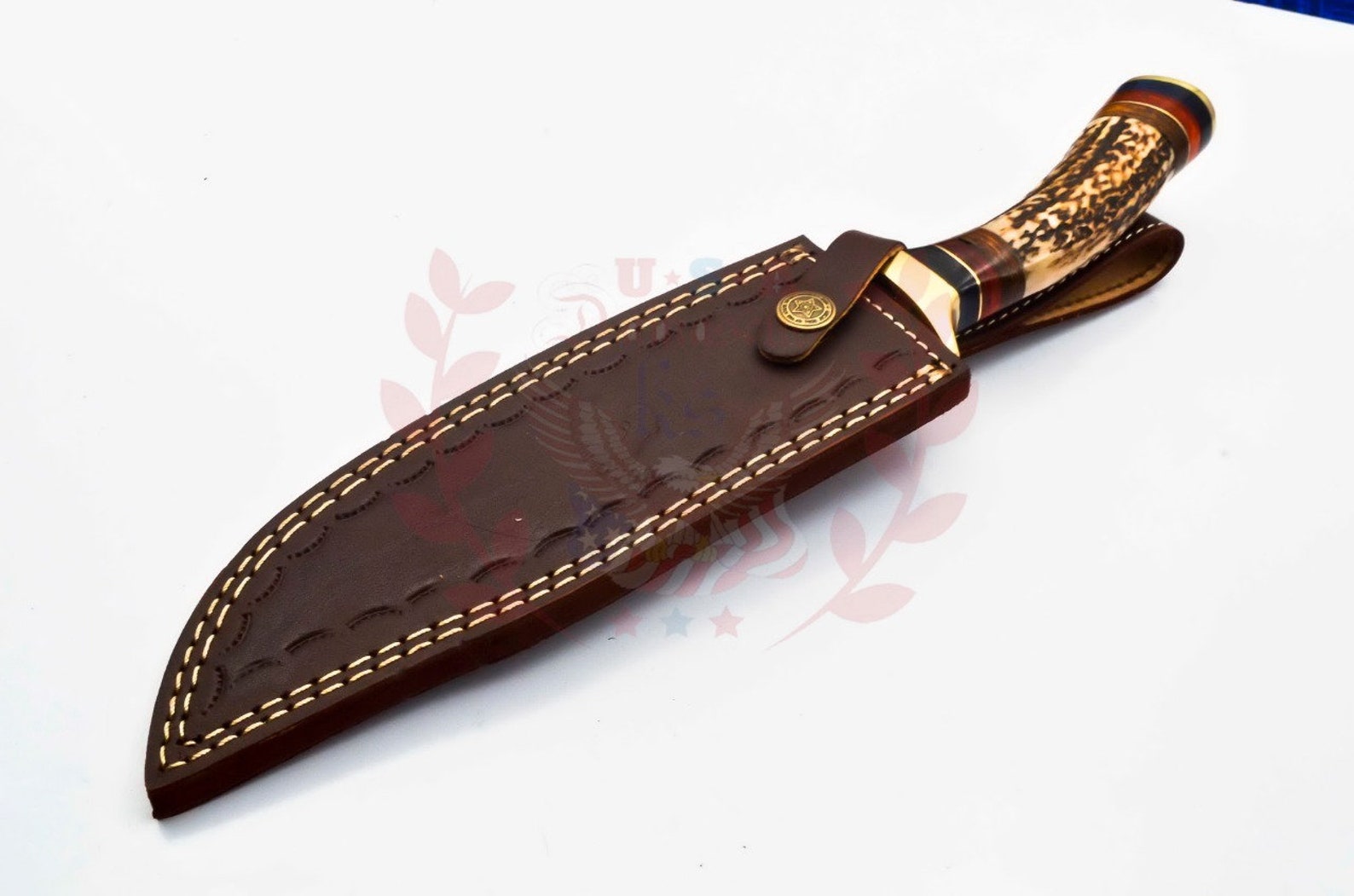 Personalized 10 inch Damascus Steel Hunting knife Handle Deer Antler W leather Cover