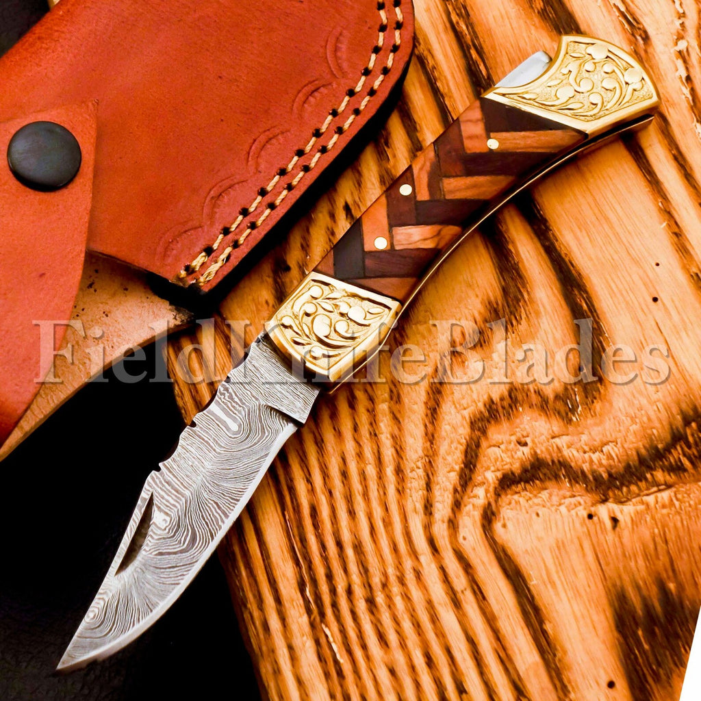 Custom Hand Forged Damascus knife with Damascus handle with Leather Cover Camping Hunting Folding Knife Liner lock (Copy)