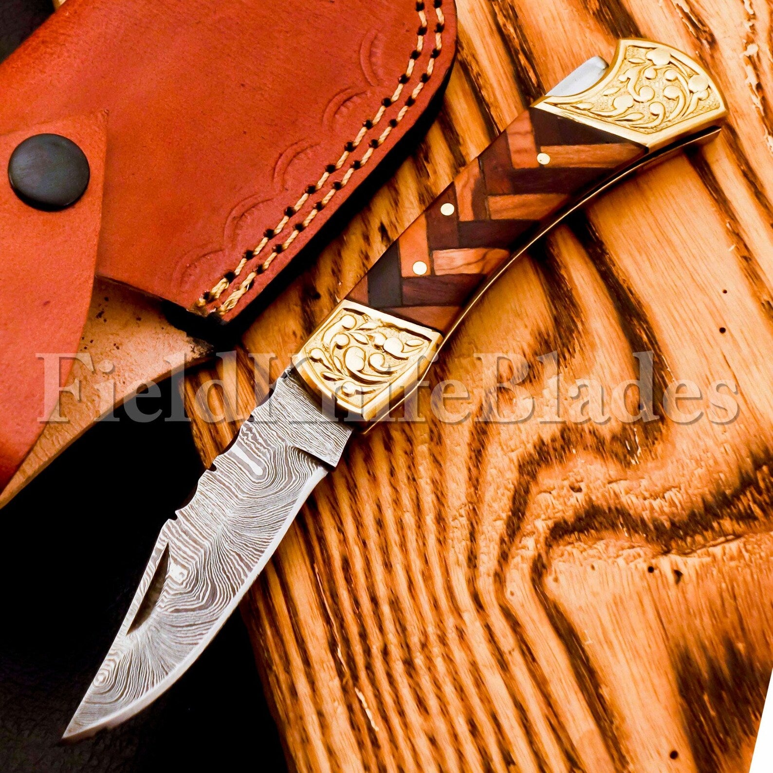Custom Hand Forged Damascus knife with Damascus handle with Leather Cover Camping Hunting Folding Knife Liner lock (Copy)