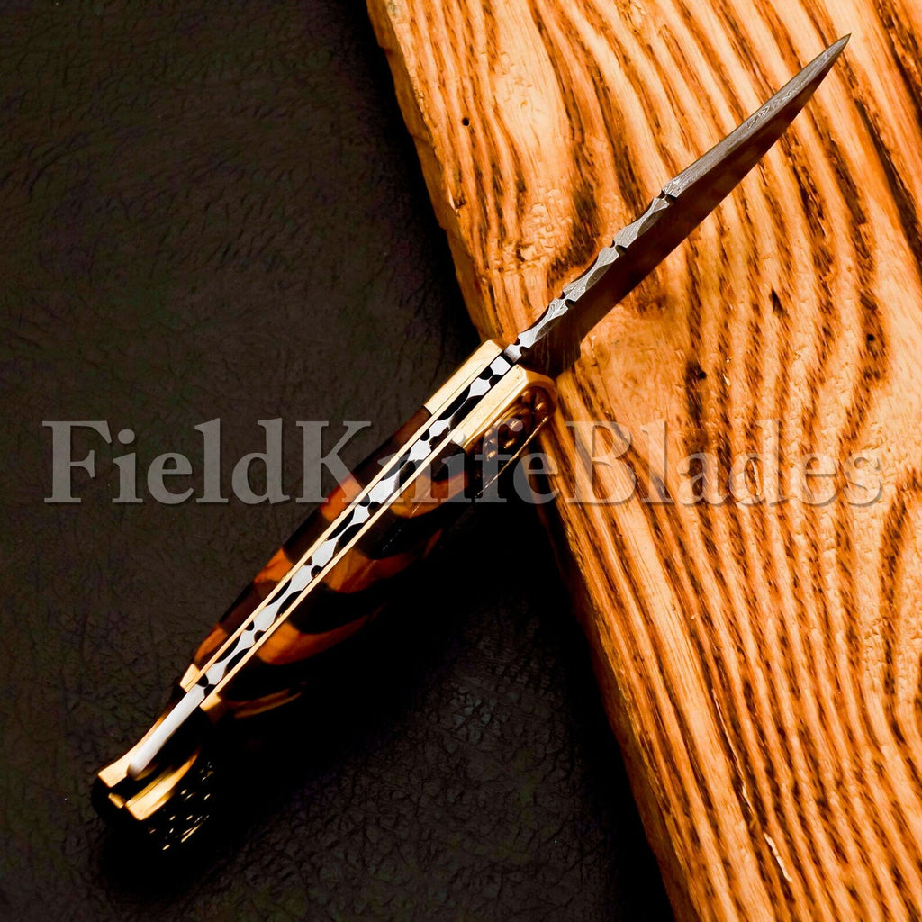 Custom Hand Forged Damascus knife with Damascus handle with Leather Cover Camping Hunting Folding Knife Liner lock (Copy)