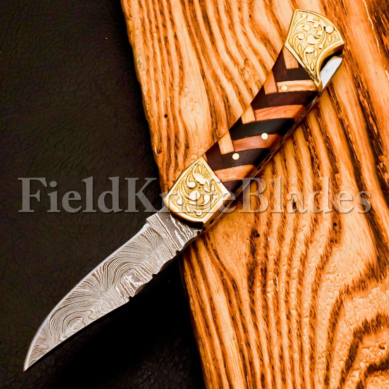 Custom Hand Forged Damascus knife with Damascus handle with Leather Cover Camping Hunting Folding Knife Liner lock (Copy)