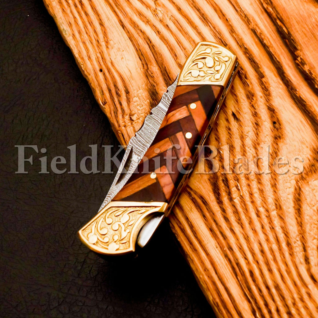 Custom Hand Forged Damascus knife with Damascus handle with Leather Cover Camping Hunting Folding Knife Liner lock (Copy)