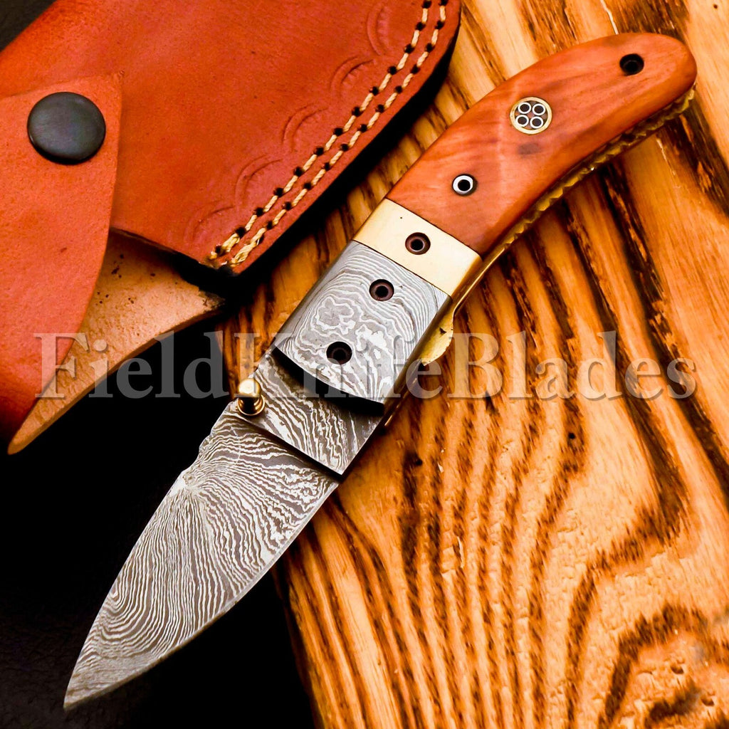 Custom Hand Forged Damascus knife Olive Wood handle with Leather Cover Camping Hunting Folding Knife Groomsmans Gift