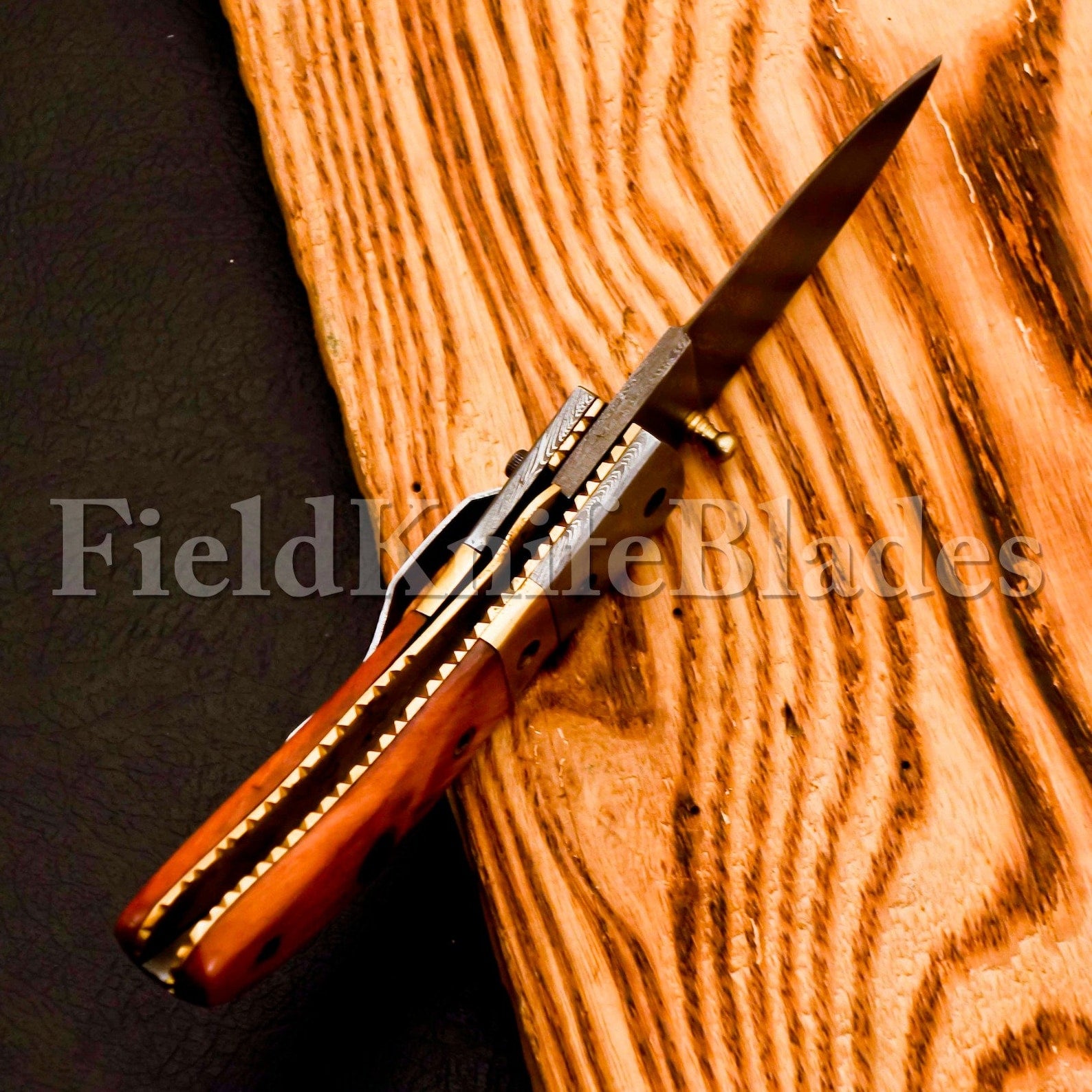 Custom Hand Forged Damascus knife Olive Wood handle with Leather Cover Camping Hunting Folding Knife Groomsmans Gift