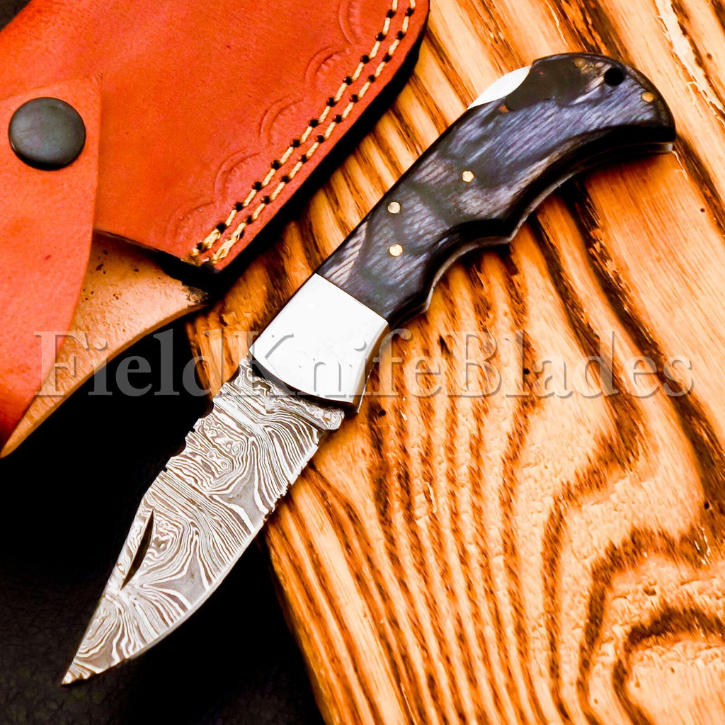Custom Hand Forged Damascus knife Wood handle with Leather Cover Camping Hunting Folding Knife Back lockCustom Hand Forged Damascus knife Olive Wood handle with Leather Cover Camping Hunting Folding Knife Back lock