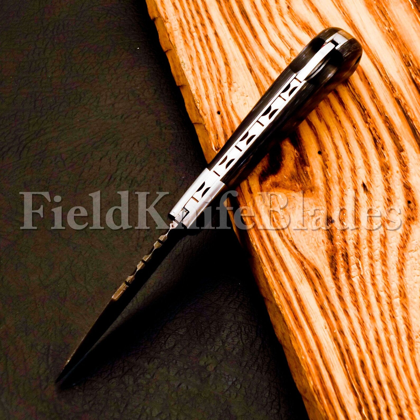 Custom Hand Forged Damascus knife Wood handle with Leather Cover Camping Hunting Folding Knife Back lockCustom Hand Forged Damascus knife Olive Wood handle with Leather Cover Camping Hunting Folding Knife Back lock