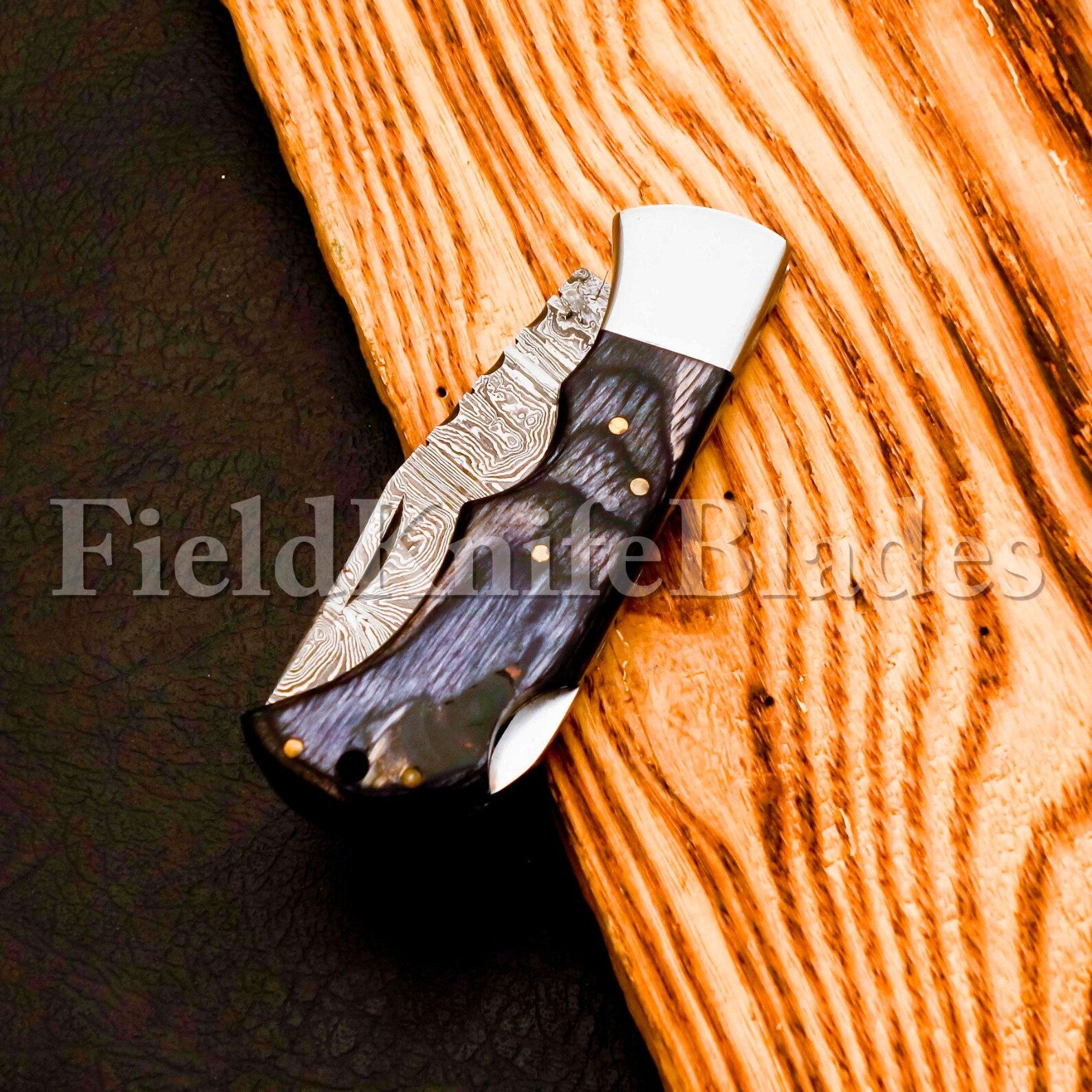 Custom Hand Forged Damascus knife Wood handle with Leather Cover Camping Hunting Folding Knife Back lockCustom Hand Forged Damascus knife Olive Wood handle with Leather Cover Camping Hunting Folding Knife Back lock