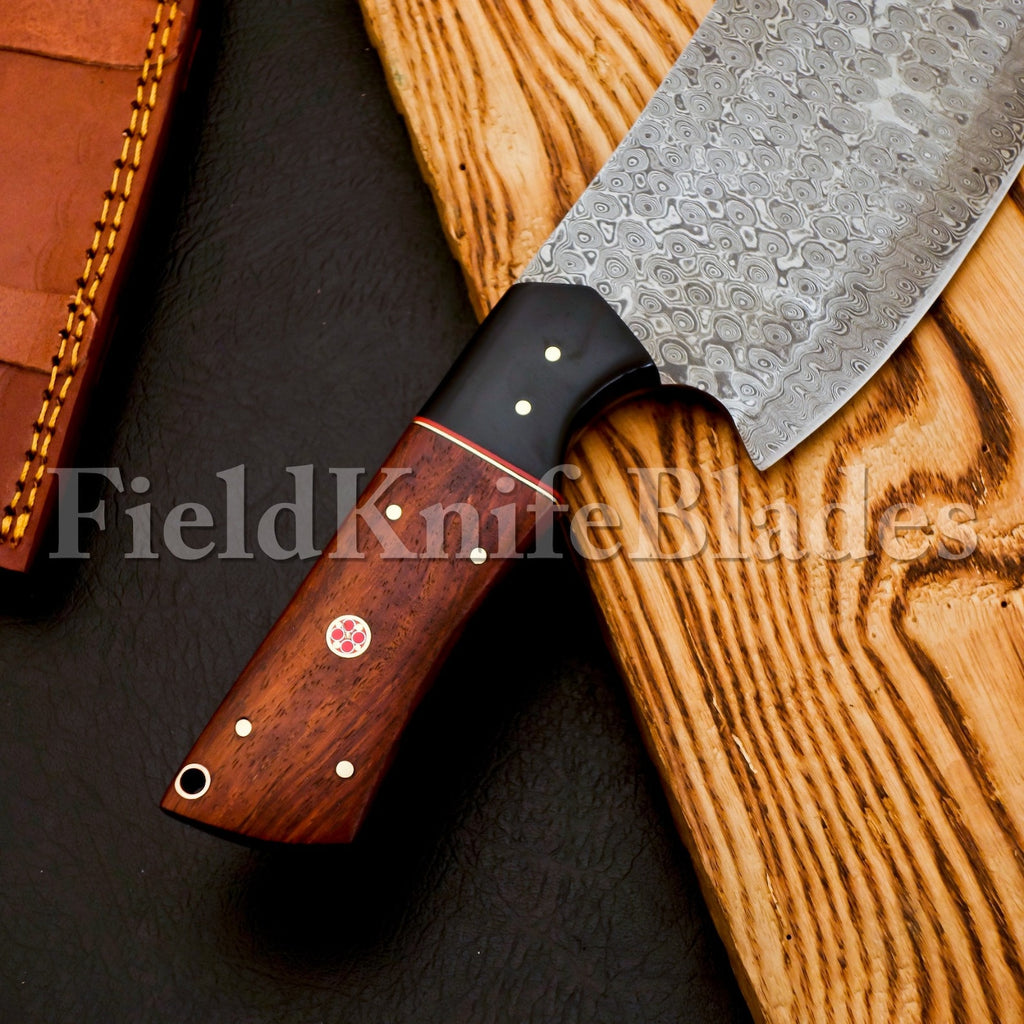 Personalized Damascus Steel Chef Kitchen Cleaver Knife Chef Knife Heavy Duty Handle Rose Wood with Leather Sheath
