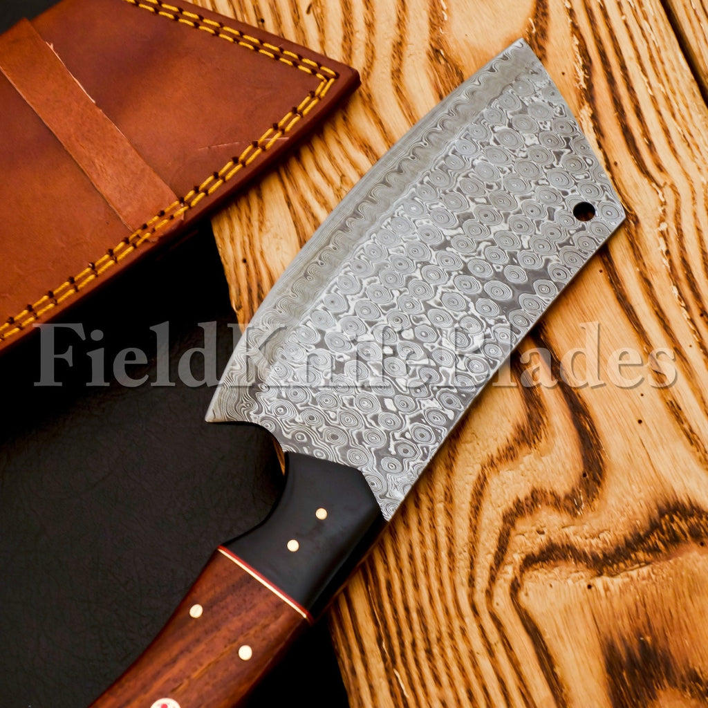 Personalized Damascus Steel Chef Kitchen Cleaver Knife Chef Knife Heavy Duty Handle Rose Wood with Leather Sheath