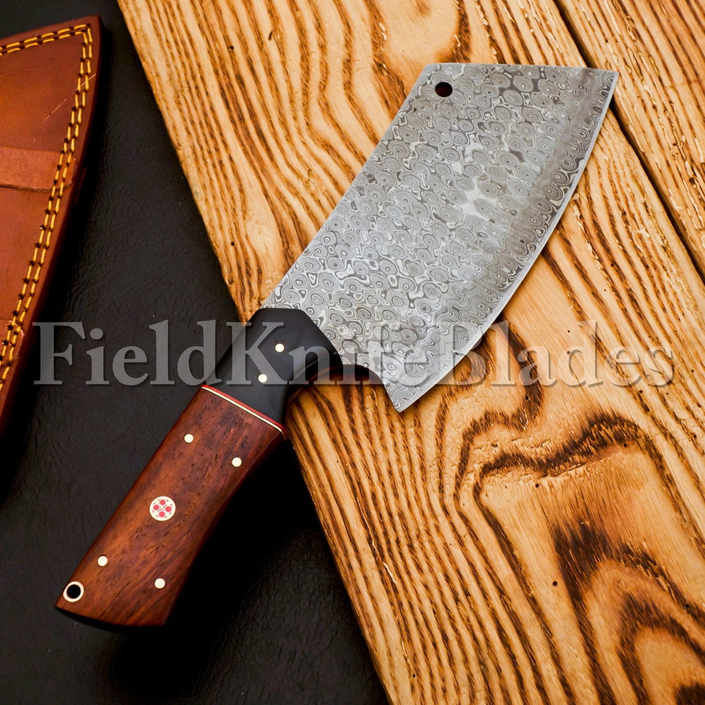 Personalized Damascus Steel Chef Kitchen Cleaver Knife Chef Knife Heavy Duty Handle Rose Wood with Leather Sheath