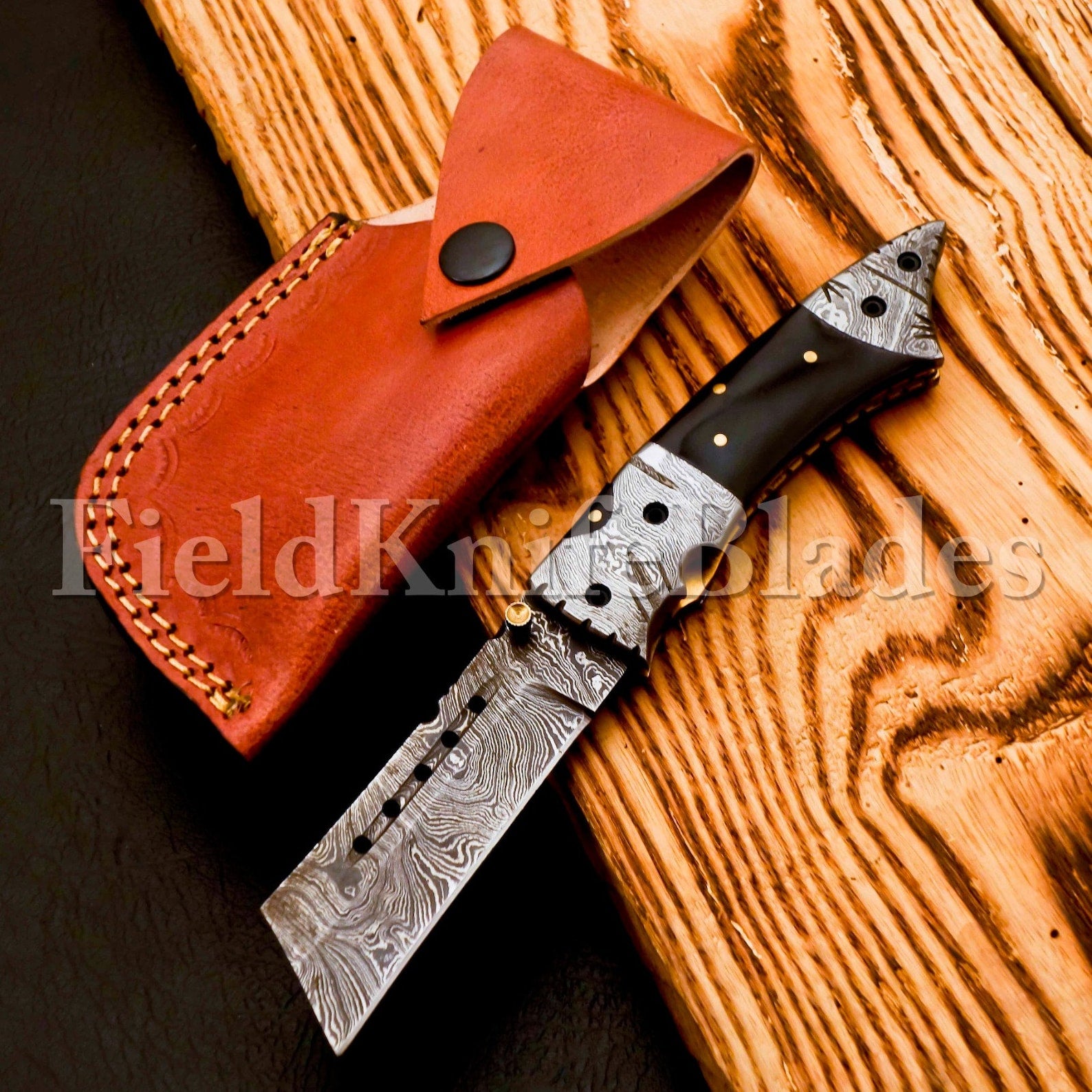 Custom Hand Forged Damascus Tonto knife with Leather Cover Camping Hunting Folding Knife Liner lock Hunting knife