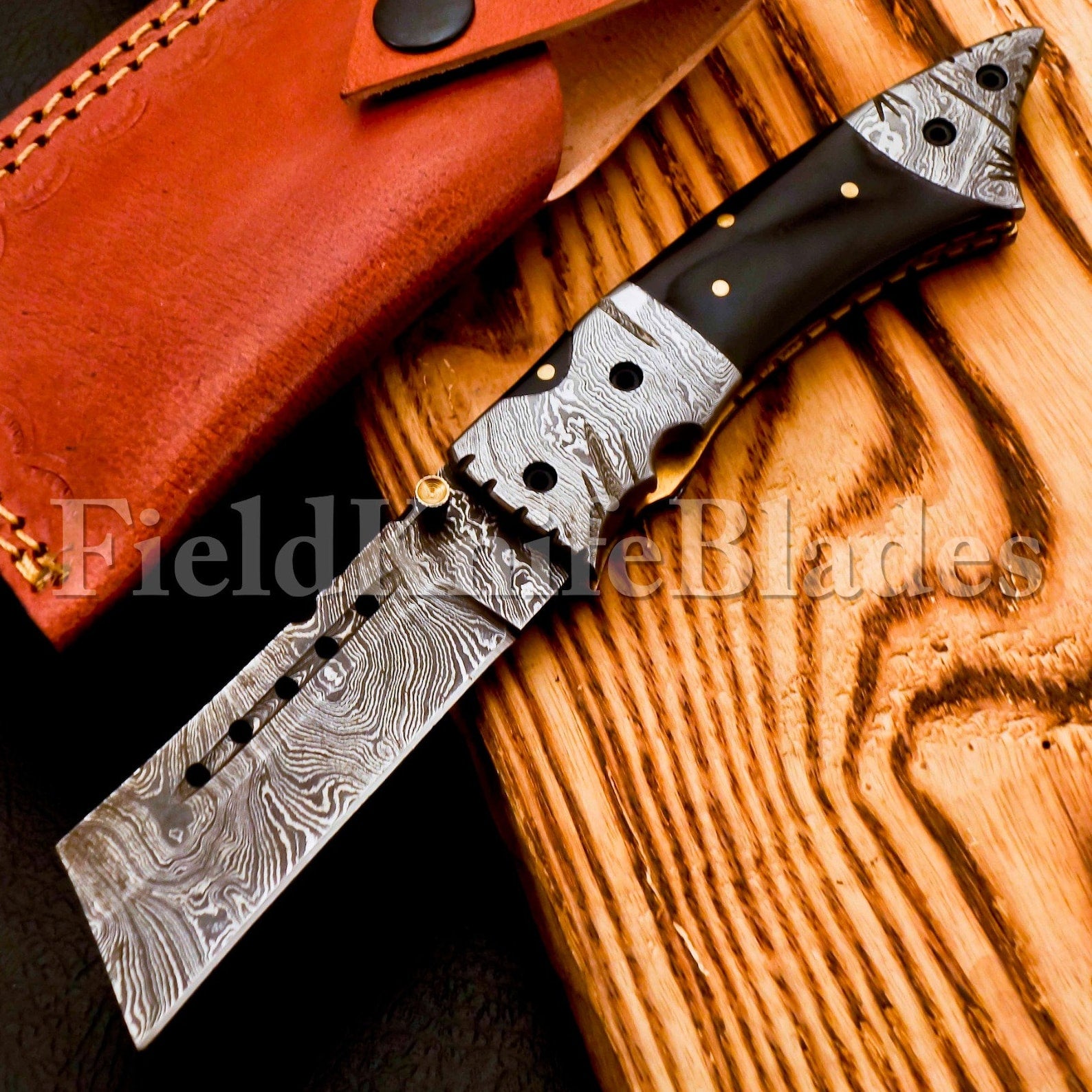 Custom Hand Forged Damascus Tonto knife with Leather Cover Camping Hunting Folding Knife Liner lock Hunting knife