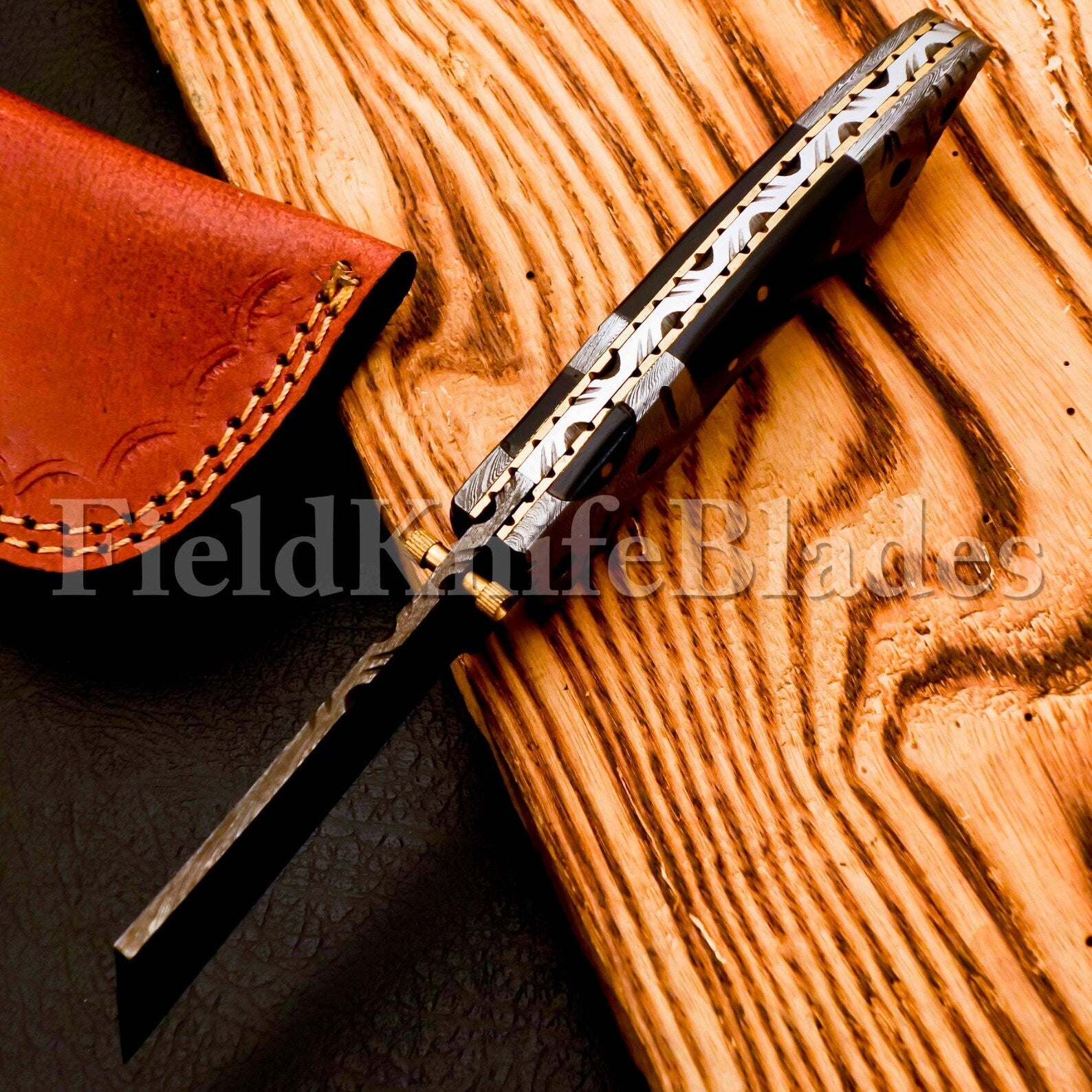 Custom Hand Forged Damascus Tonto knife with Leather Cover Camping Hunting Folding Knife Liner lock Hunting knife