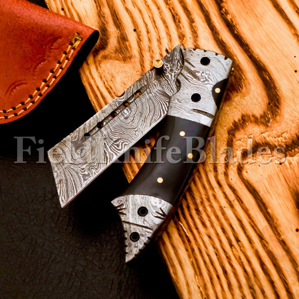 Custom Hand Forged Damascus Tonto knife with Leather Cover Camping Hunting Folding Knife Liner lock Hunting knife