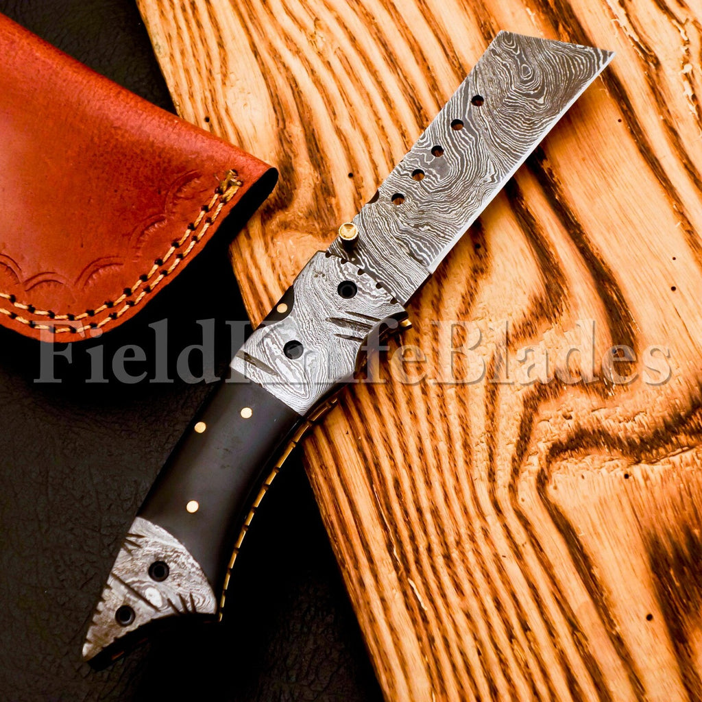 Custom Hand Forged Damascus Tonto knife with Leather Cover Camping Hunting Folding Knife Liner lock Hunting knife
