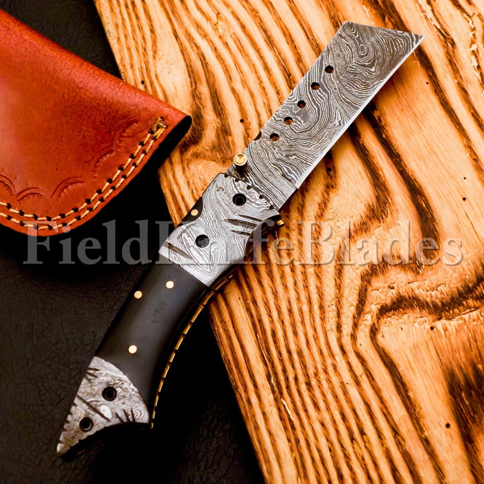 Custom Hand Forged Damascus Tonto knife with Leather Cover Camping Hunting Folding Knife Liner lock Hunting knife