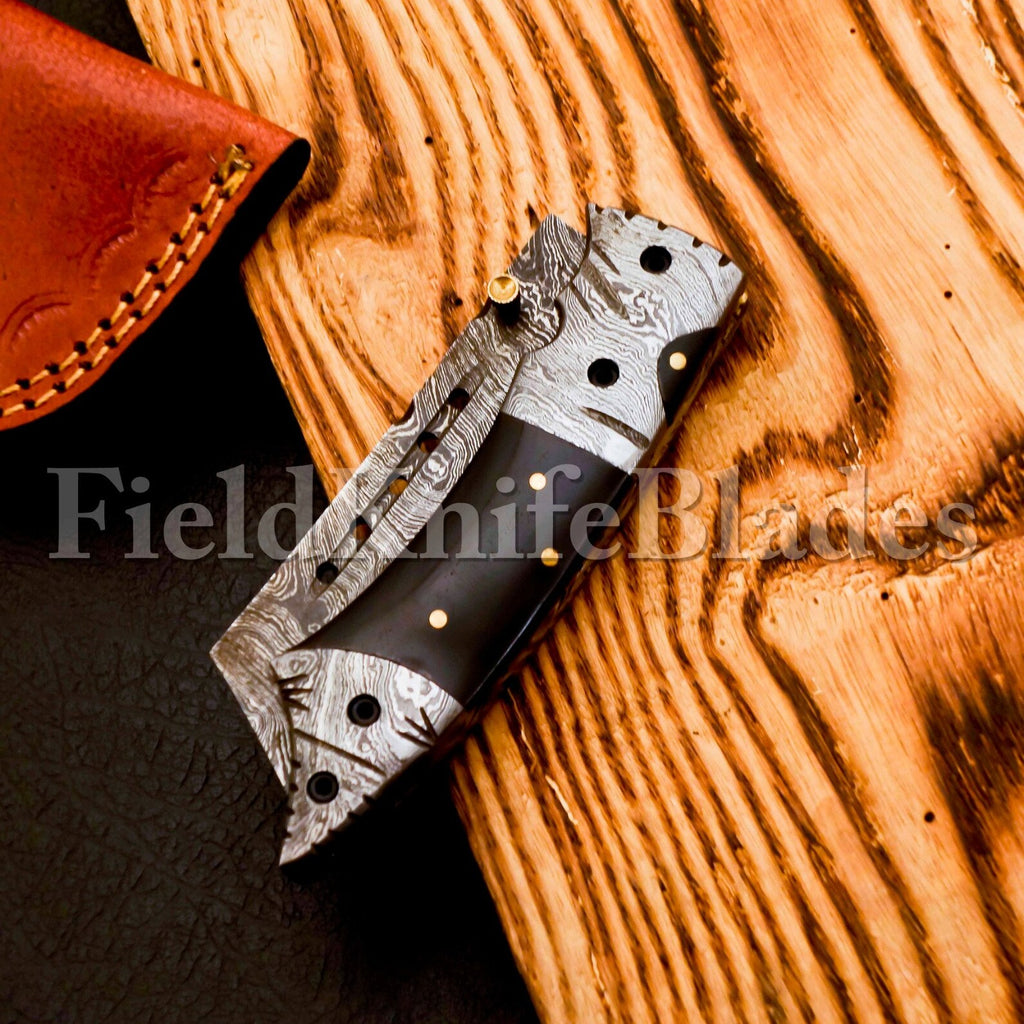 Custom Hand Forged Damascus Tonto knife with Leather Cover Camping Hunting Folding Knife Liner lock Hunting knife