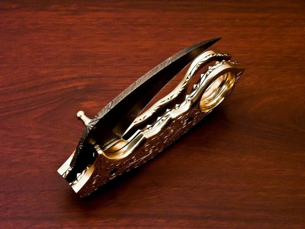 Damascus Folding Pocket knife Karambit Knife Hunting knife Handle Brass Steel Folding With Leather Sheath