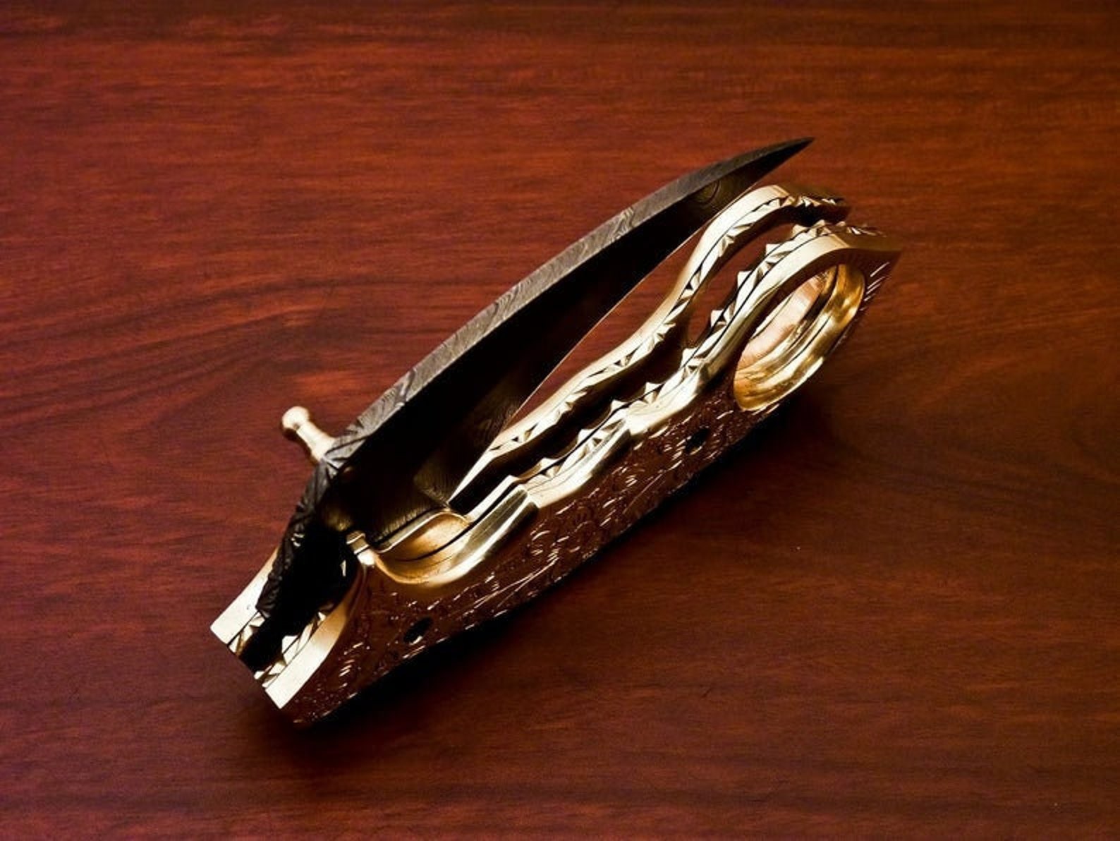 Damascus Folding Pocket knife Karambit Knife Hunting knife Handle Brass Steel Folding With Leather Sheath