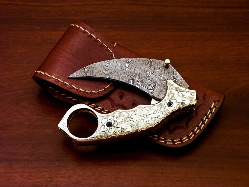 Damascus Folding Pocket knife Karambit Knife Hunting knife Handle Brass Steel Folding With Leather Sheath