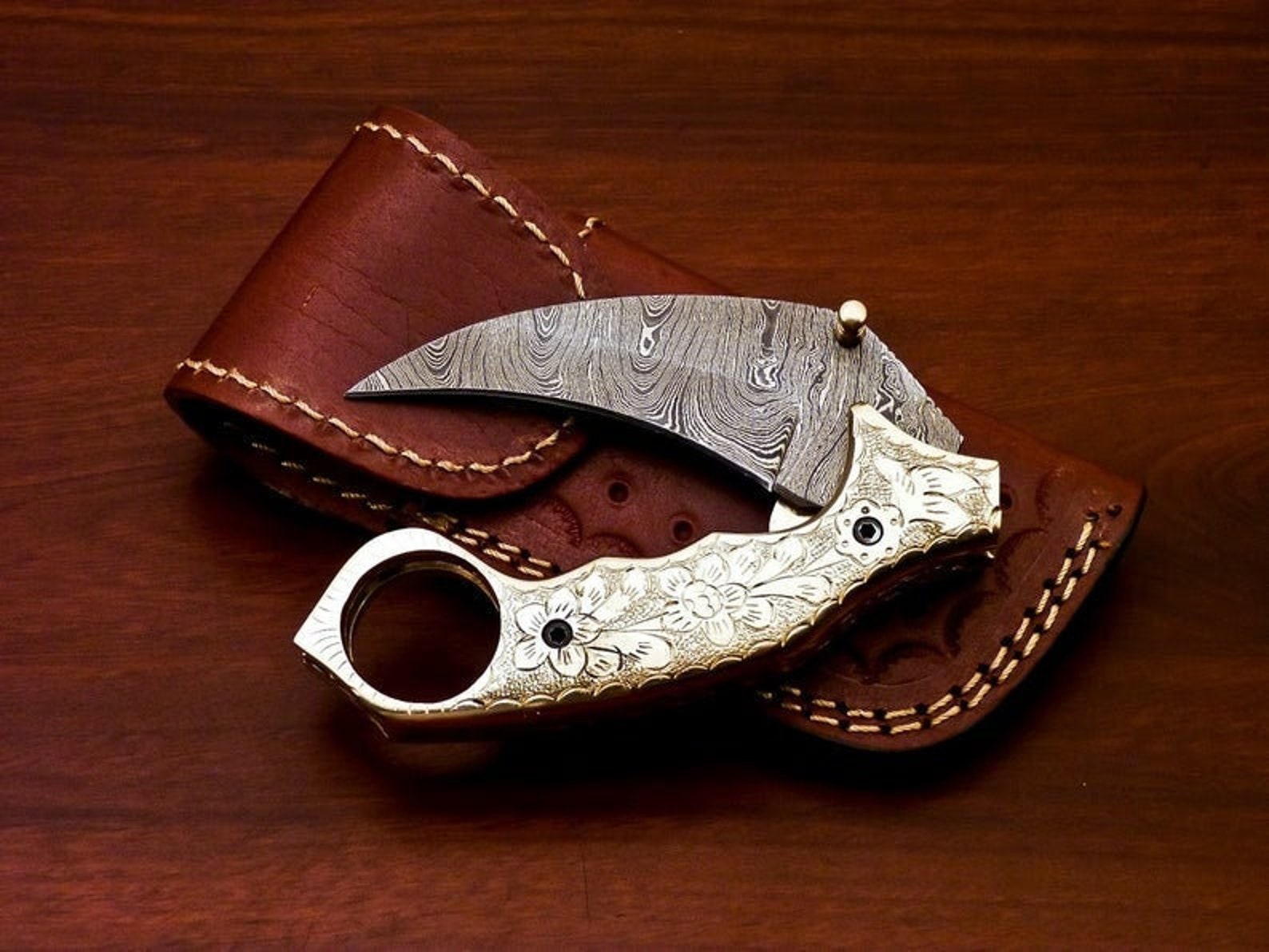 Damascus Folding Pocket knife Karambit Knife Hunting knife Handle Brass Steel Folding With Leather Sheath