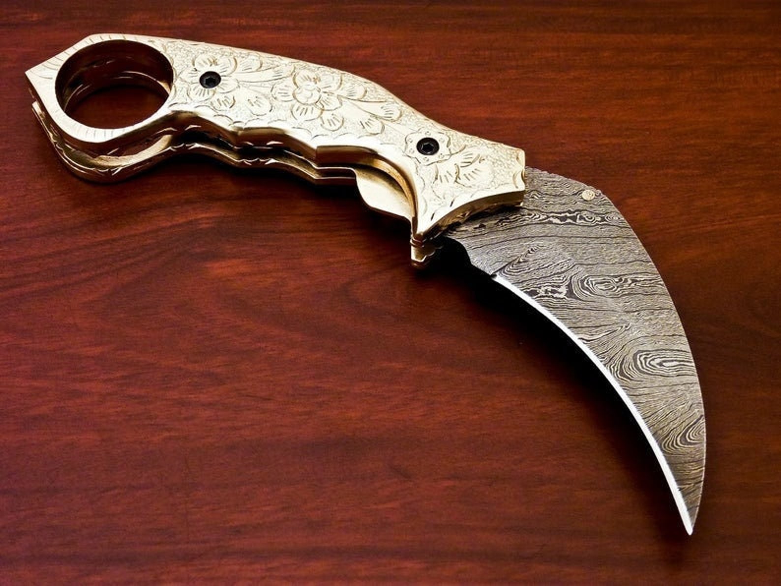 Damascus Folding Pocket knife Karambit Knife Hunting knife Handle Brass Steel Folding With Leather Sheath