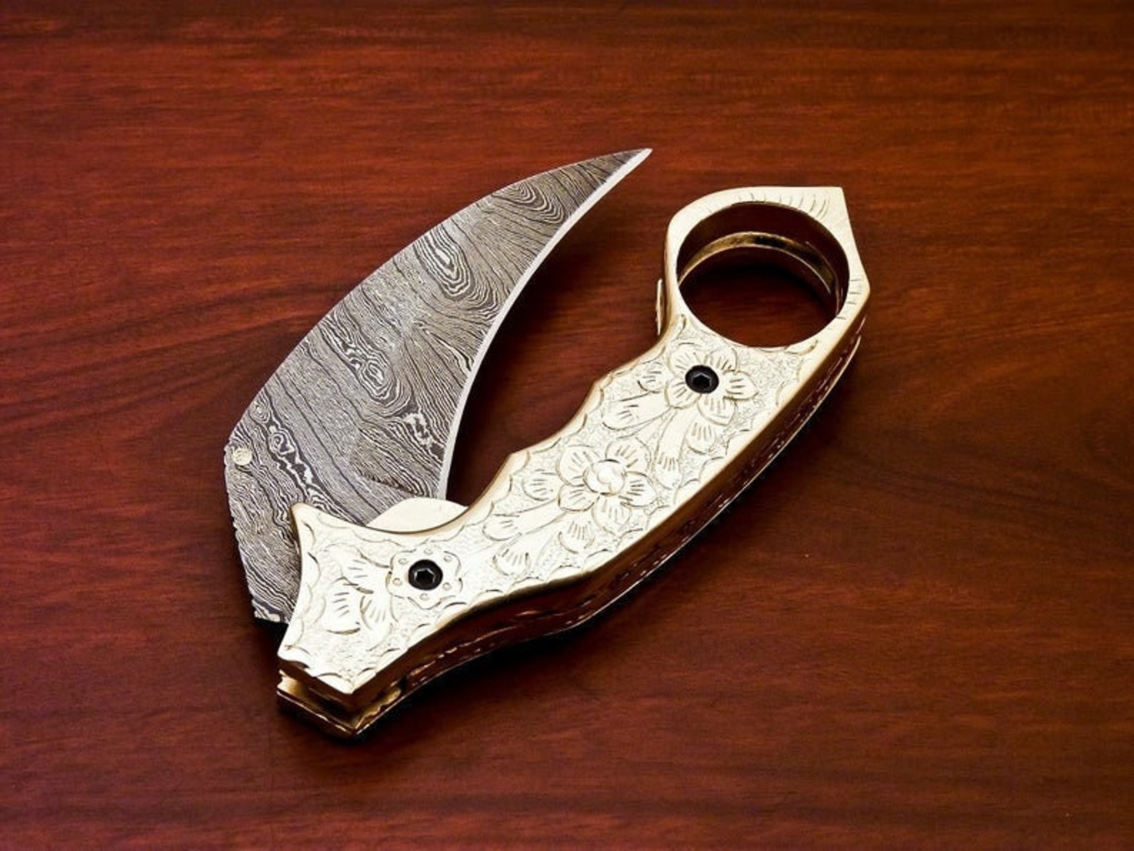 Damascus Folding Pocket knife Karambit Knife Hunting knife Handle Brass Steel Folding With Leather Sheath