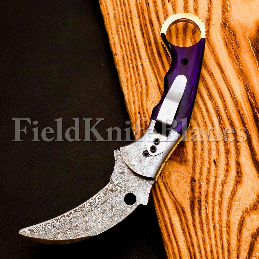 Custom Hand Forged Damascus Karambt knife handle made of Wood with Leather Cover Camping Hunting Folding Knife Gift for Him, Grooms man gift