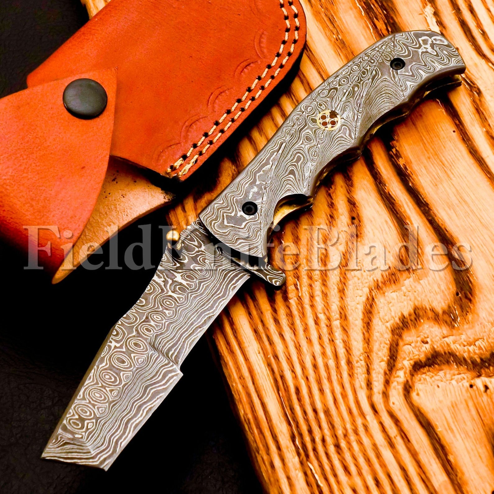 Custom Hand Forged Damascus Tonto knife with Leather Cover Camping Hunting Folding Knife Liner lock Hunting knife