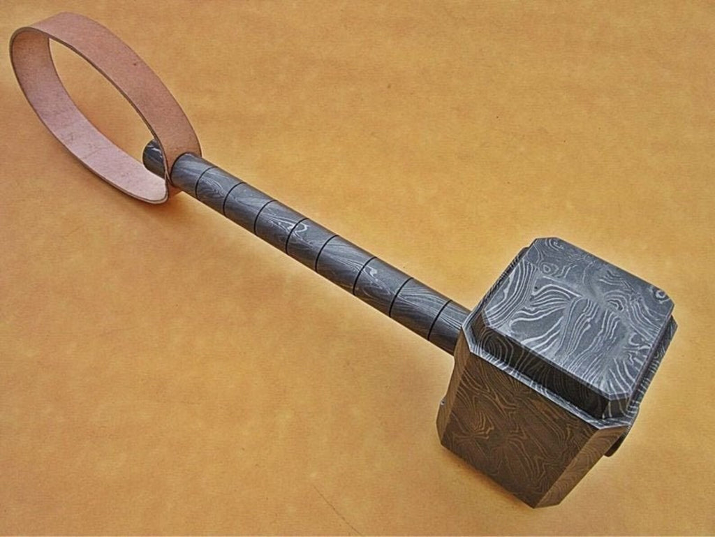 Personalized 13" Damascus Steel 15 Pound Real THOR Hammer Hand Forged Damascus Steel with leather sheath
