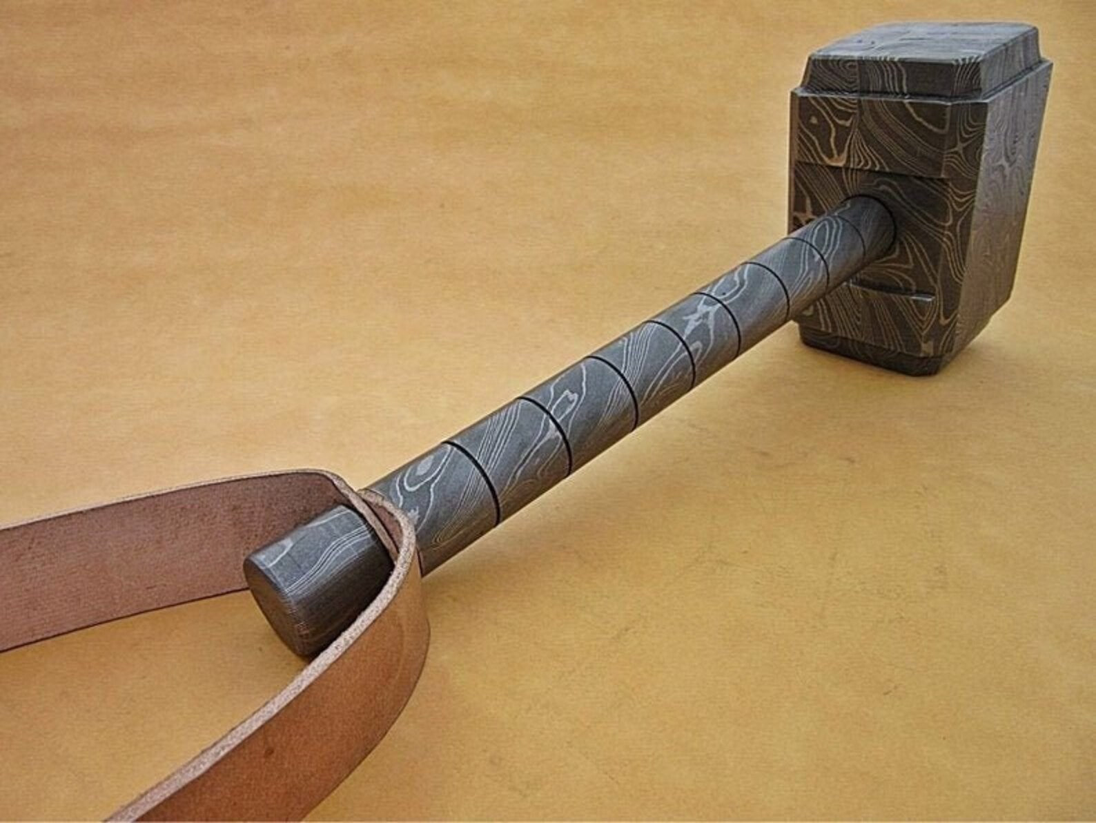 Personalized 13" Damascus Steel 15 Pound Real THOR Hammer Hand Forged Damascus Steel with leather sheath