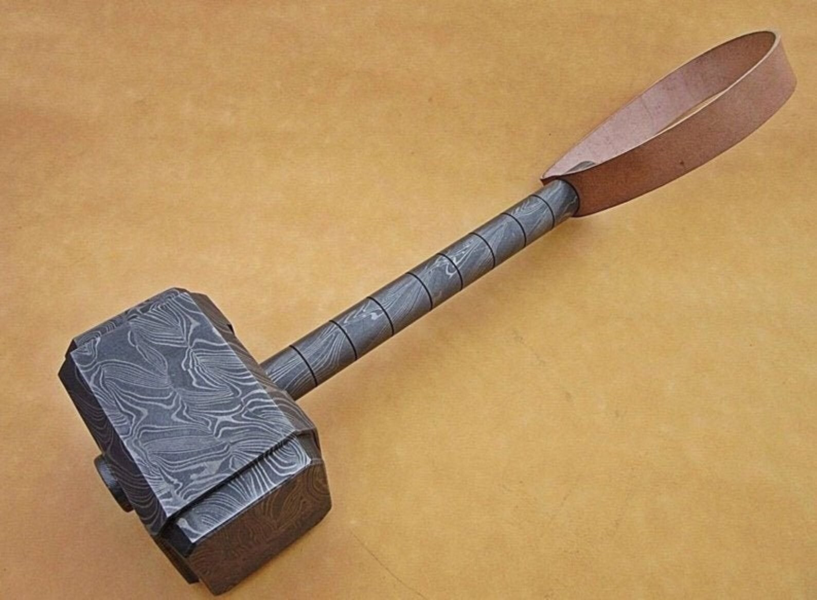 Personalized 13" Damascus Steel 15 Pound Real THOR Hammer Hand Forged Damascus Steel with leather sheath