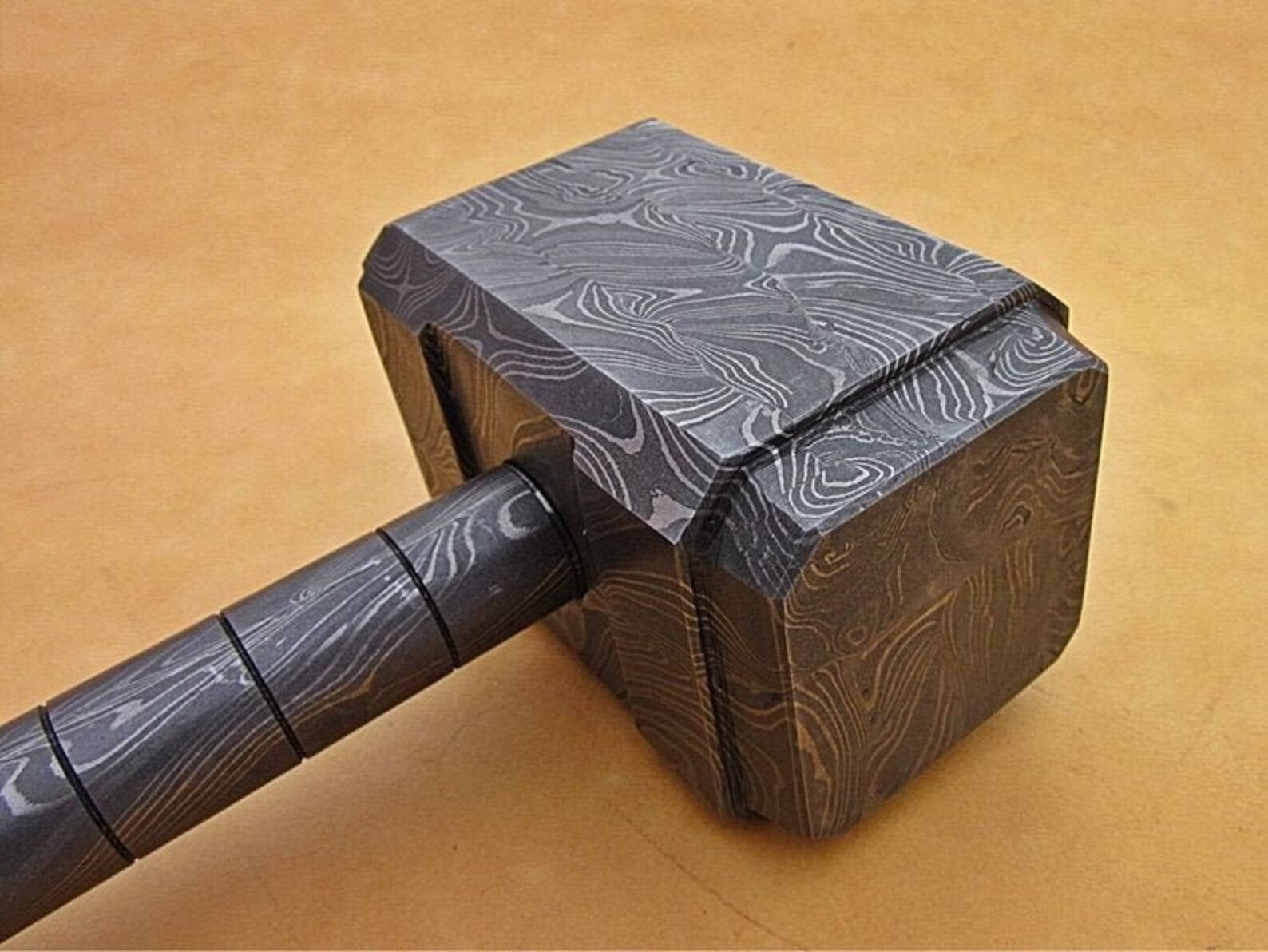 Personalized 13" Damascus Steel 15 Pound Real THOR Hammer Hand Forged Damascus Steel with leather sheath