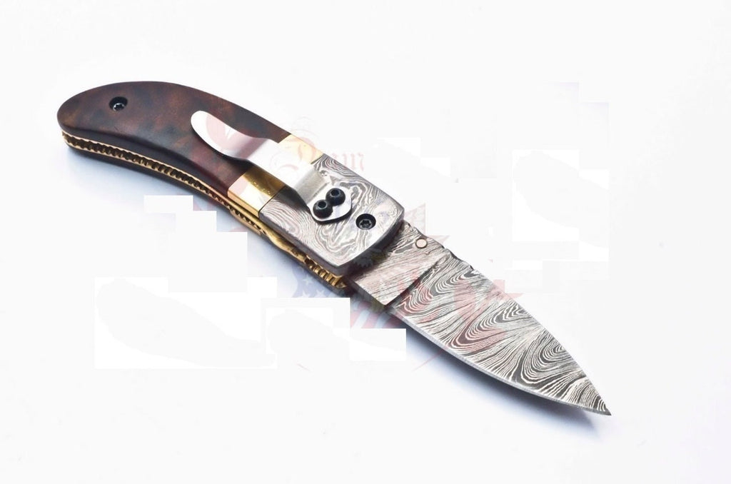 Damascus Folding Pocket knife Karambit Knife Hunting knife Handle Brass Steel Folding With Leather Sheath