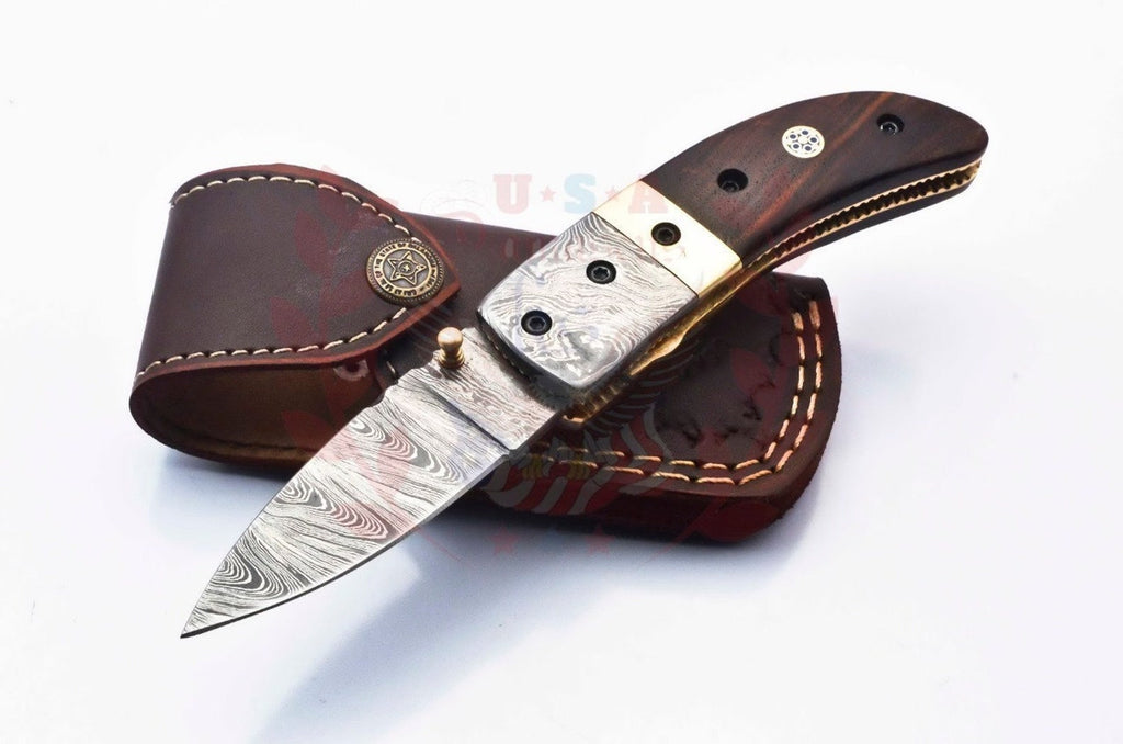 Damascus Folding Pocket knife Karambit Knife Hunting knife Handle Brass Steel Folding With Leather Sheath