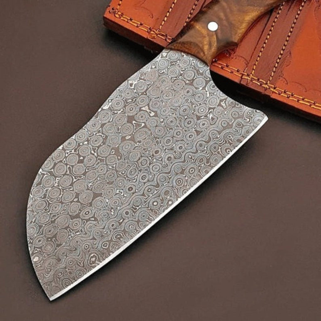 Personalized Damascus Steel Cleaver Chopper Chef Kitchen Knife Heavy Duty Damascus Handle Walnut Wood with Leather Sheath