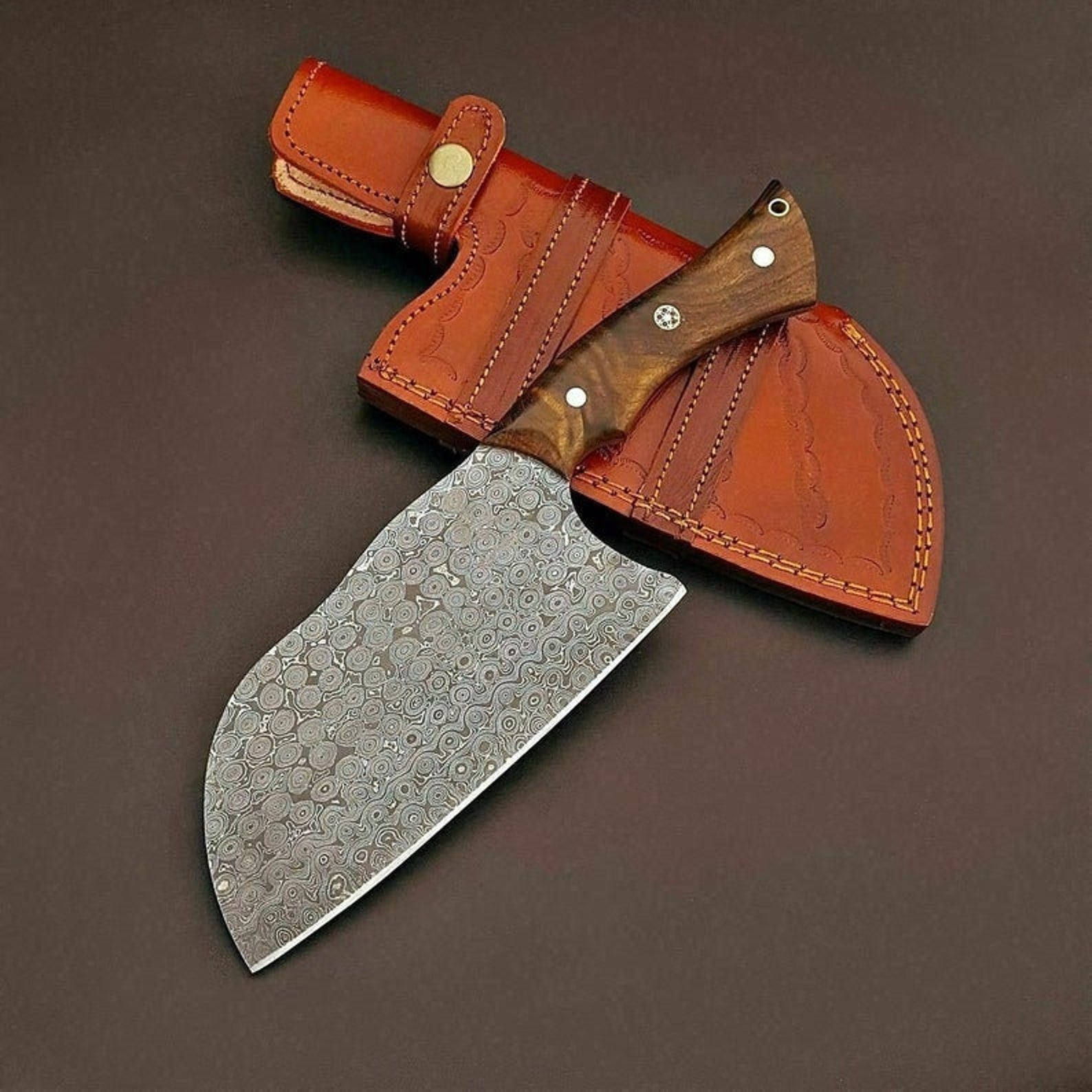 Personalized Damascus Steel Cleaver Chopper Chef Kitchen Knife Heavy Duty Damascus Handle Walnut Wood with Leather Sheath