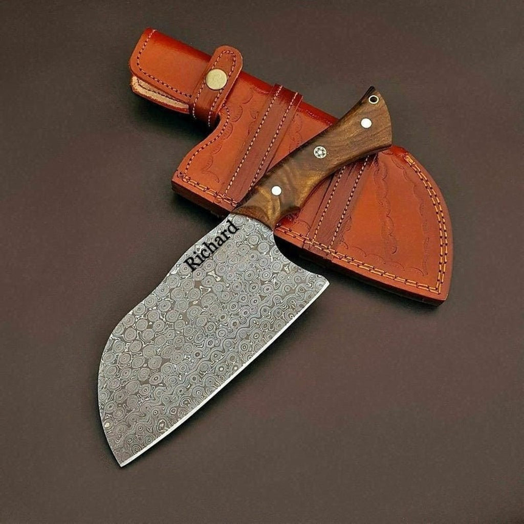 Personalized Damascus Steel Cleaver Chopper Chef Kitchen Knife Heavy Duty Damascus Handle Walnut Wood with Leather Sheath