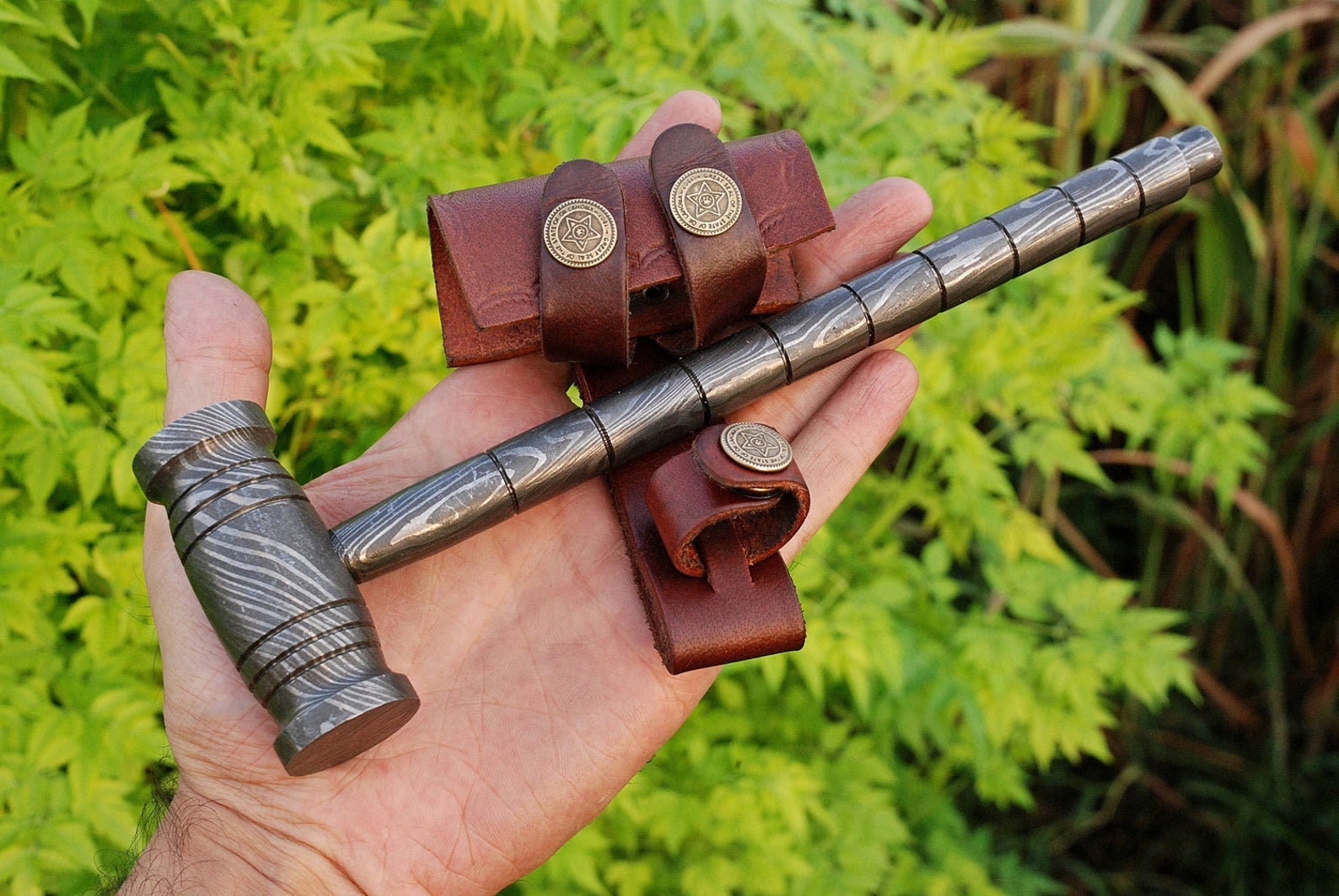 Personalized 9.8" Damascus Steel 4 Pound Real THOR Hammer Hand Forged Damascus Steel with leather sheath