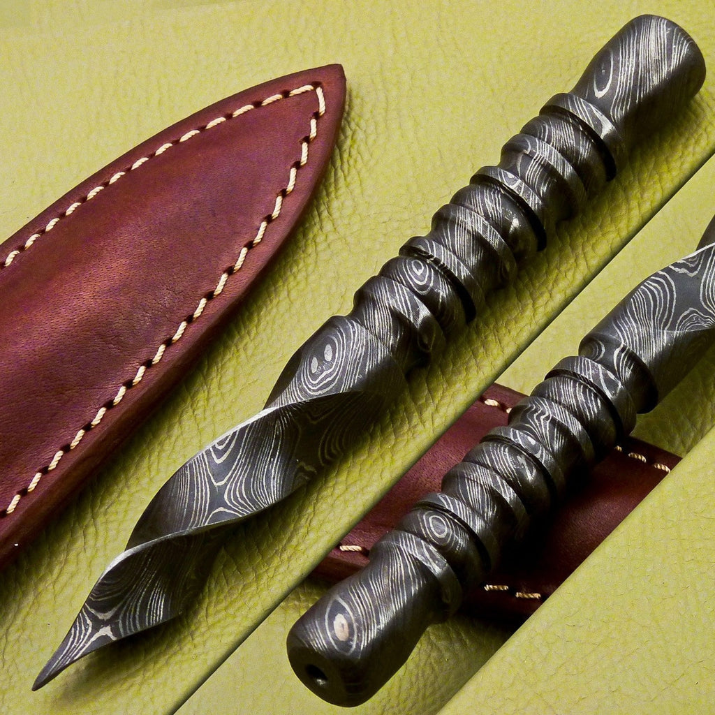 Personalized 6.5 inch Custom Forged Hunter Damascus Steel Tri Dagger Hand Forged Twisted Pattern Kris Dagger W Leather Cover