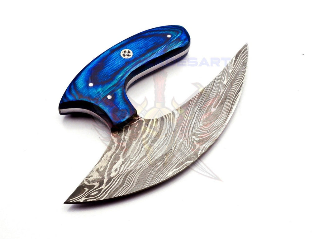 Personalized Damascus Chef Kitchen Ulu Knife Chef Knife Heavy Duty Damascus Handle Blue Koa Wood with Leather Sheath Mother's Day Gift