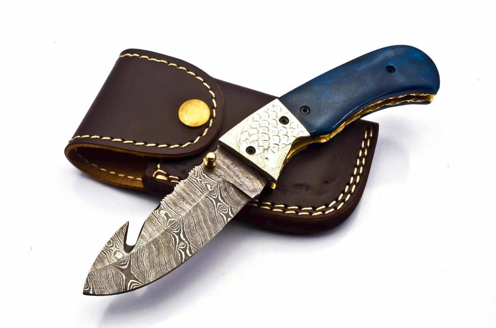 Personalization Custom Hand Made Damascus Steel Folding Pocket Knife with Handle Paka Wood with Leather Sheeth