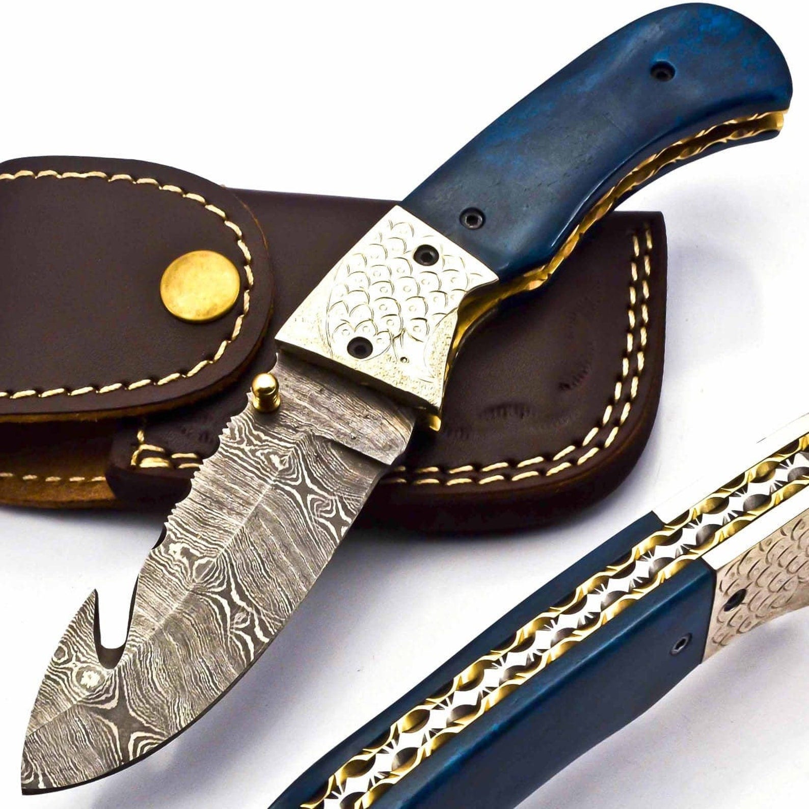 Personalization Custom Hand Made Damascus Steel Folding Pocket Knife with Handle Paka Wood with Leather Sheeth