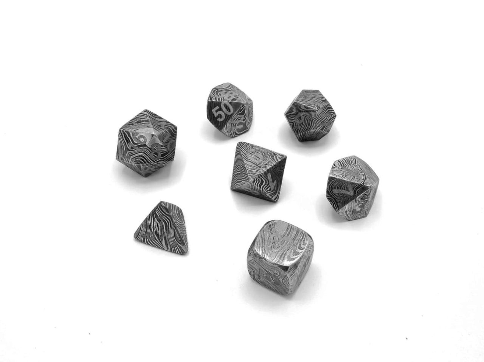 Dice DnD dice set of 7 Damascus Steel MINT/New / Hand Forged Steel / Damascus Steel / D20, D12, D%, D10, D8, D6, D4