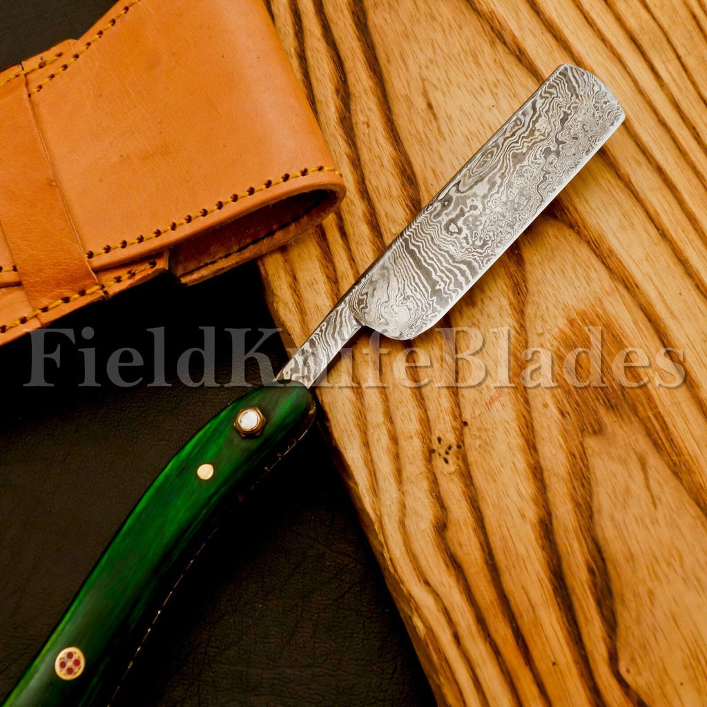 Personalized Damascus Folding Pocket Custom Blade Straight Razor very sharp with leather sheath